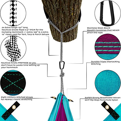 Double Hammock Camping Gear Straps | Best Portable Parachute Nylon 2 Person Folding Hammock with Tree Hanging Straps, Rope & Instruction Booklet | Ideal for Travel, Hiking & Backpacking