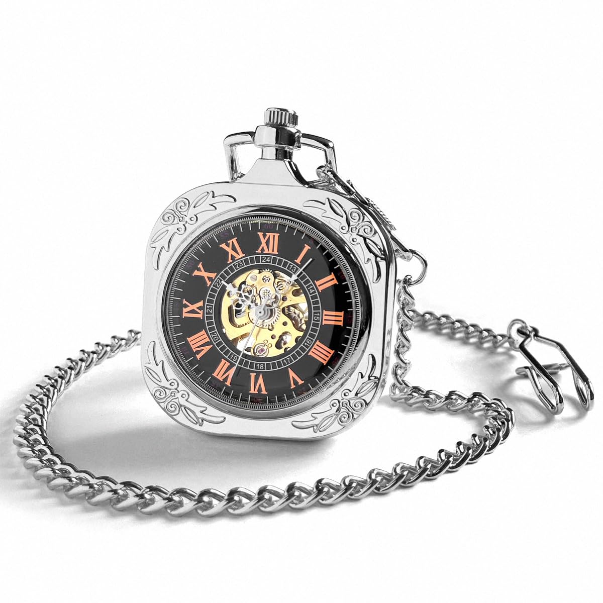 VIGOROSO Mens Classic Steampunk Pocket Watch with Chain Skeleton Hand Wind Mechanical Pocket Watches for Men & Women