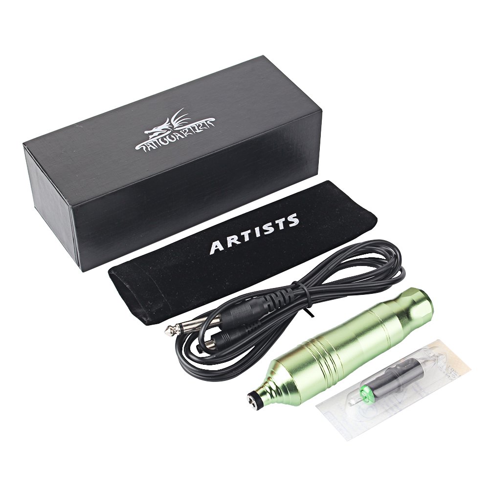 Yilong Tattoo Pen Kit 2-In-1 Rotary Tattoo Machine & Permanent Makeup Pen Needle Cartridges (green)