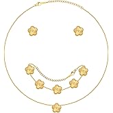 Gold Necklaces Bracelets Earring Set - 18K Gold Plated Flower Bracelet ,Stainless Steel Non Tarnish Floral Pendant Stud Jewelry Sets,Christmas Birthday Lucky Gift for Her Mom Wife Daughter Girlfriend