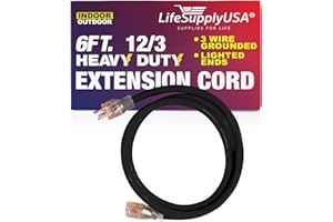 6 ft Power Extension Cord Outdoor & Indoor Heavy Duty 12 Gauge/3 Prong SJTW (Black) Lighted end Extra Durability 15 AMP 125 Volts 1875 Watts by LifeSupplyUSA