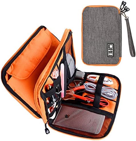 Travel Organizer, Universal Double Layer Multipurpose Storage Bag, Small Electronics Accessories Cases For Various USB, Cables, Earphone, Charger, Phone, SD Card, iPad (Grey &amp; Orange)