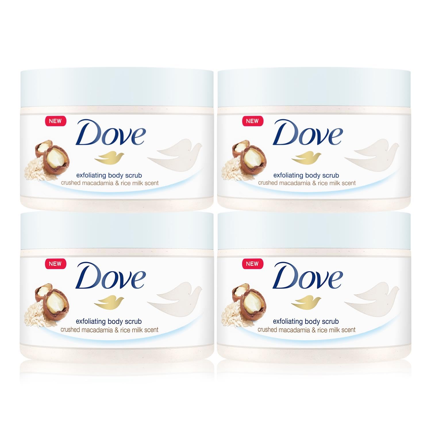 Dove Body Scrub with Crushed Macadamia and Rice Milk, 4month supply (4 x 225 ml (Pack of 4))