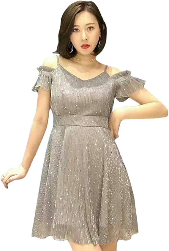 Amazon Co Jp Hj レディース ワンピース 半袖ドレス 吊スカート カジュアル キラキラ Aライン ドレス オフショルダー ワンショルダー 体型カバー サマー ドレス ｍｌ ひざ丈 春夏 服 ファッション小物