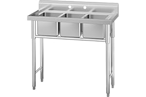 HARMOHABY Stainless Steel Freestanding 3-Bowl Utility Sink for Garage, Laundry Room, Kitchen, and Restaurant Use, Commercial Grade, Durable and Easy to Clean, Perfect for Home & Business Cleaning Needs
