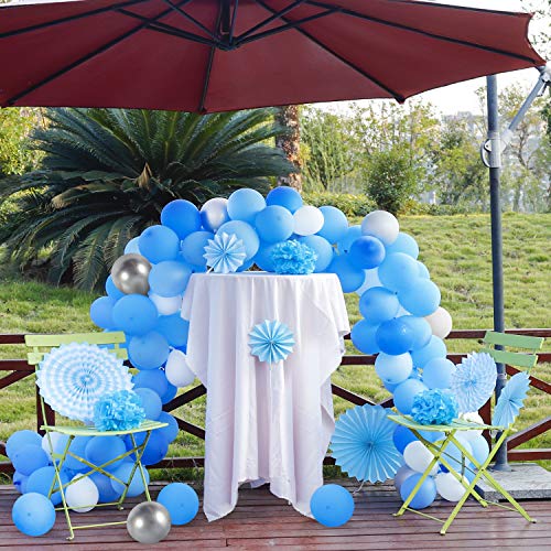 Blue Balloons Arch Garland Party Decorations Kit 114 Pack, Boy Baby Shower Balloons Set,Blue Sliver White Balloons + Foil Fringe Curtain + Paper Tissue Flower Pom Poms + Tissue Paper Fans for Birthday