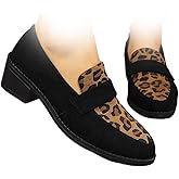 Women's Leopard-Print Suede Block-Heel Loafers, Chunky Platform Retro Pointed Toe Slip-On Loafer, Wide Fit Low Heel Dress Shoes for Women