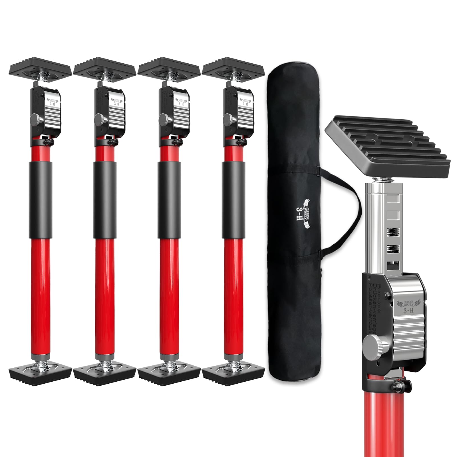 3-H Third Hand Telescopic Support Pole Heavy Duty, All-Steel Support Rod for Cabinet Jacks Cargo Bars Drywall Support-165 lbs Capacity and Extends from 15.7 to 24.4 Inch, 4 Pack(Red)