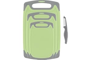 ROTTOGOON Cutting Boards for Kitchen, Plastic Chopping Board Set of 4 with Non-Slip Feet and Deep Drip Juice Groove, Easy Grip Handle, Dishwasher Safe, BPA Free, Non-porous(Green/Gray)