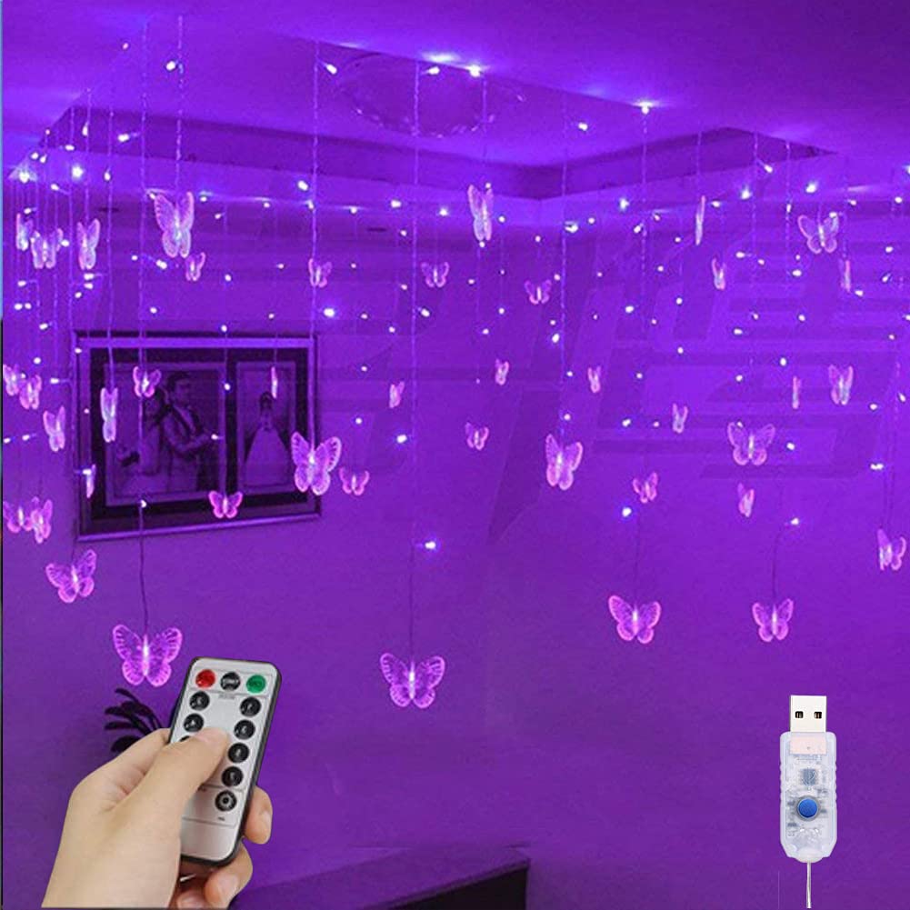 YOLIGHT Butterfly Curtain Lights 4m 96 LED Fairy Lights 8 Modes with Remote Control, Hanging Butterfly String Lights for Room Girls Garden Ceiling Wall Party Wedding Christmas Decoration(Purple)