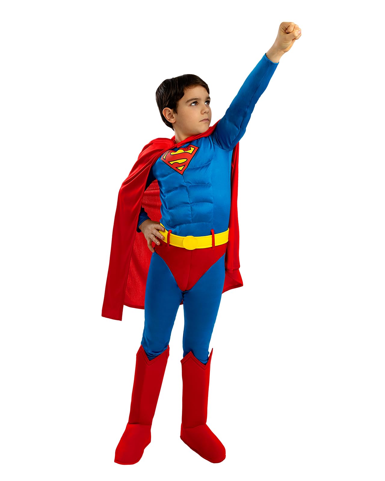 Funidelia Official Superman Deluxe Costume for Boys, Muscle Jumpsuit, Belt, Cape and Boot Covers, Superheroes - Outfit for Kids for Parties, Carnival and Halloween - Size 10-12 Years