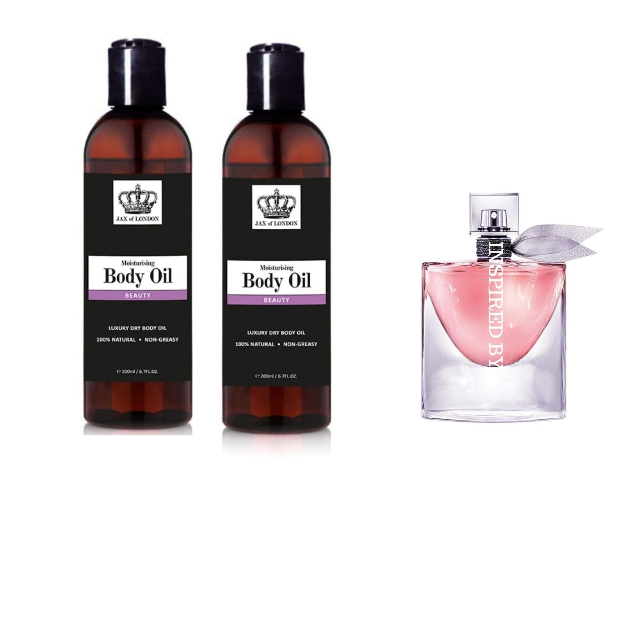 Jax of London Perfume Inspired Body Oil Set 2 x 200ml – Beauty Scent Inspired by La Vie Est Belle – 100% Natural Ingredients – Vegan & Alcohol-Free – Moisturising Oil for Body, Hair & Massage
