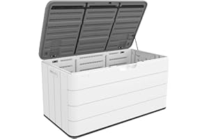 ADDOK Large Resin Deck Box Lockable, Outdoor Garden Storage Box Waterproof, Elegant Storage Bench for Cushions, Garden Tools and Pool Toys (85 gallon box)