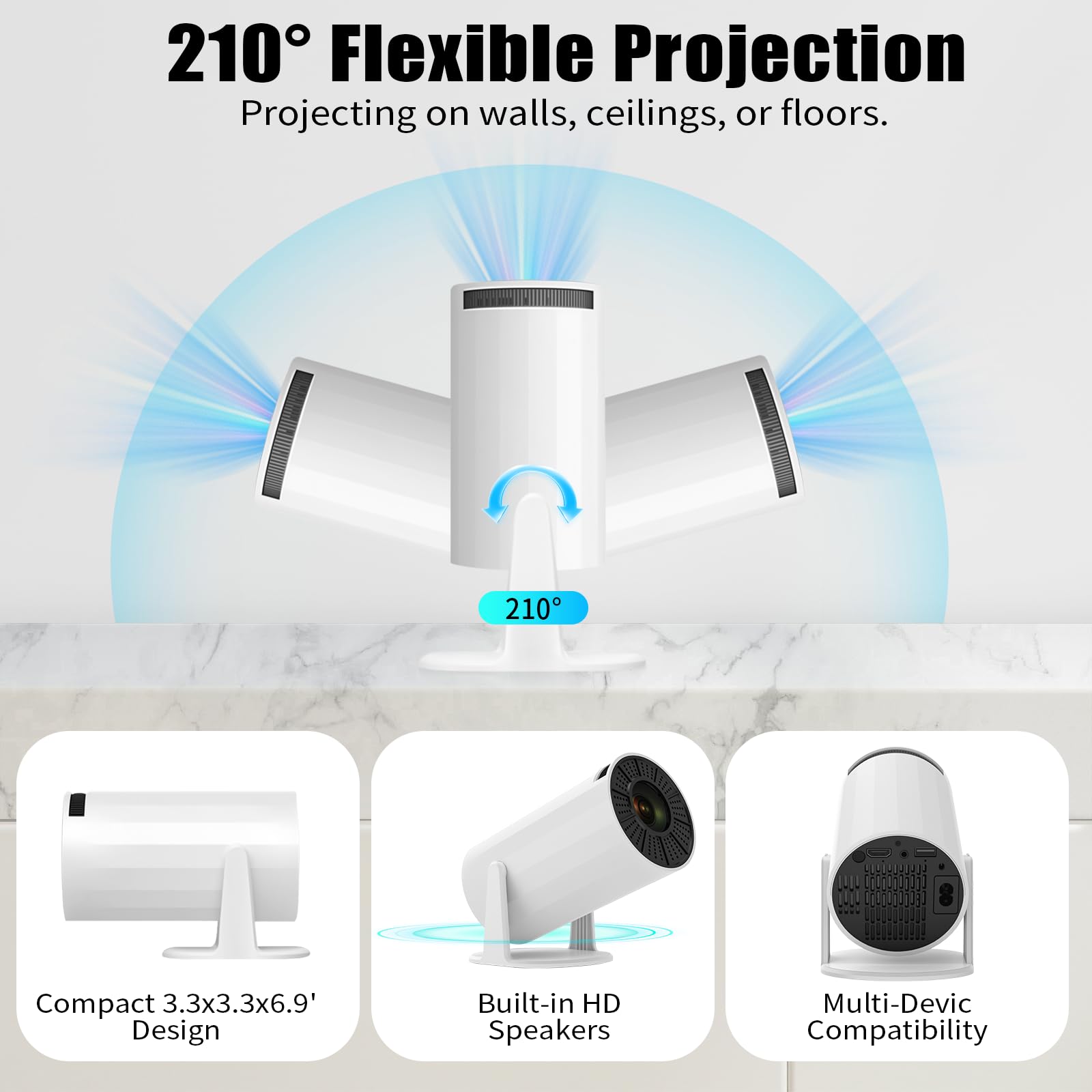 LJYT mini projector, 1080P Portable Projector, Support 4K，WiFi 6, Android 11 ,200 ANSI Lumens, Auto Keystone, Bluetooth 5.4, 210° Rotation, Compatible with TV Stick/HDMI/USB/Smartphone (White)