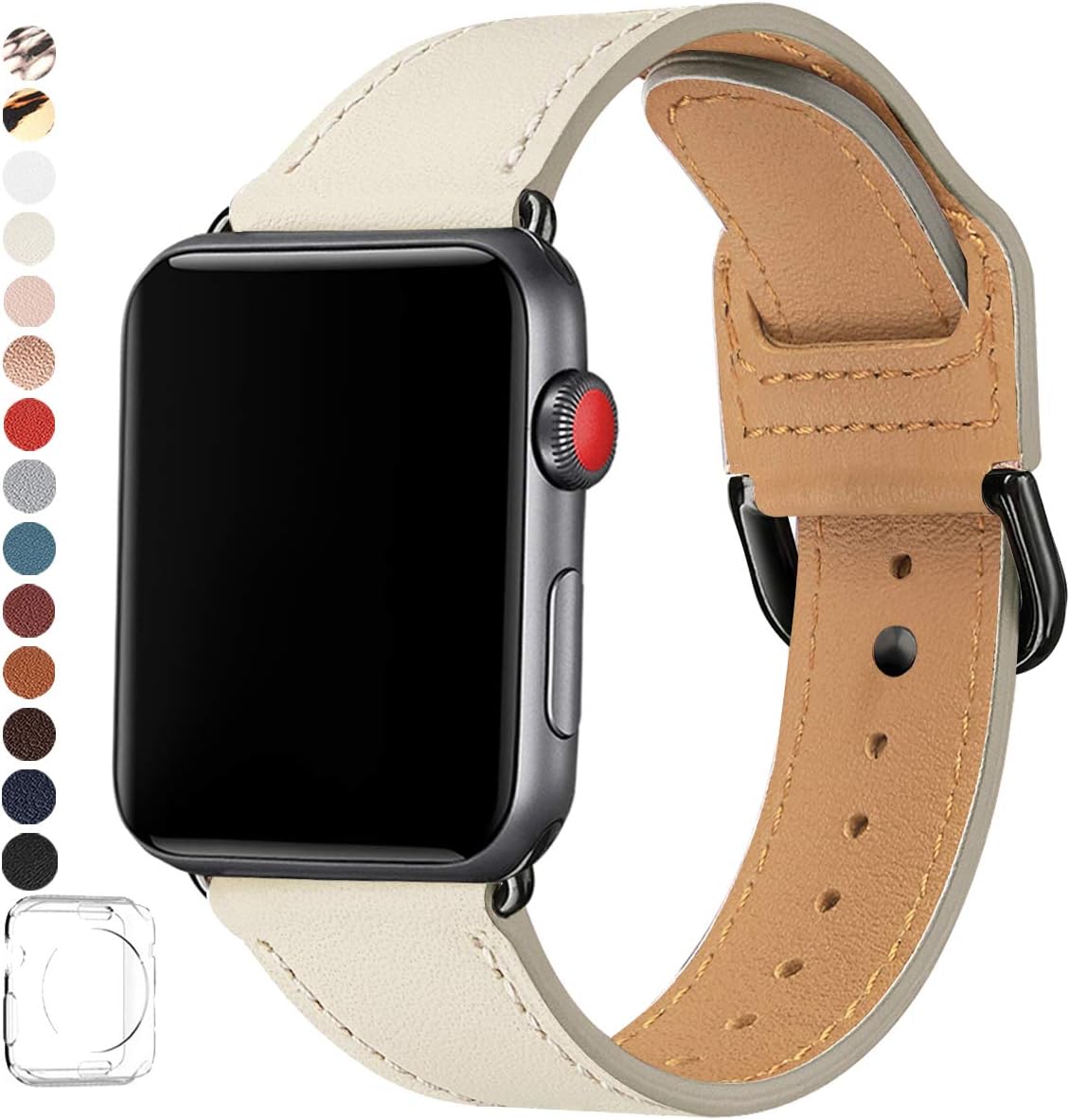 POWER PRIMACY Bands Compatible with Apple Watch Band 38mm 40mm 42mm 44mm, Top Grain Leather Smart Watch Strap Compatible for Men Women iWatch Series 6 5 4 3 2 1,SE(Rock/Black, 42mm 44mm)