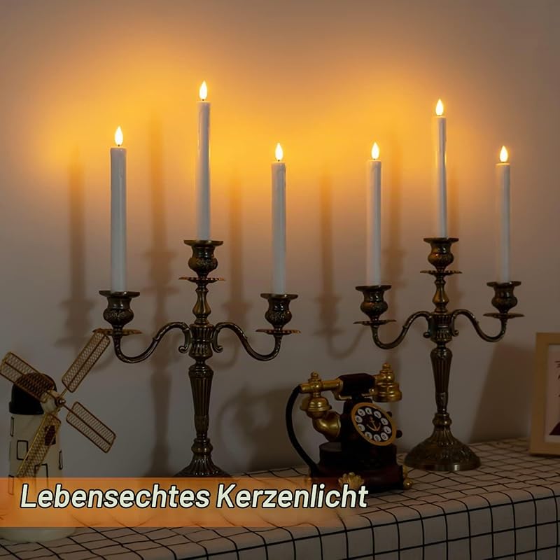 6 Stück White led stabkerzen, Flammenlose Tafelkerzenmit fernbedienung, batteriebetriebene LED Kerzen, 3D-Dochtlicht für Weihnachtsdeko