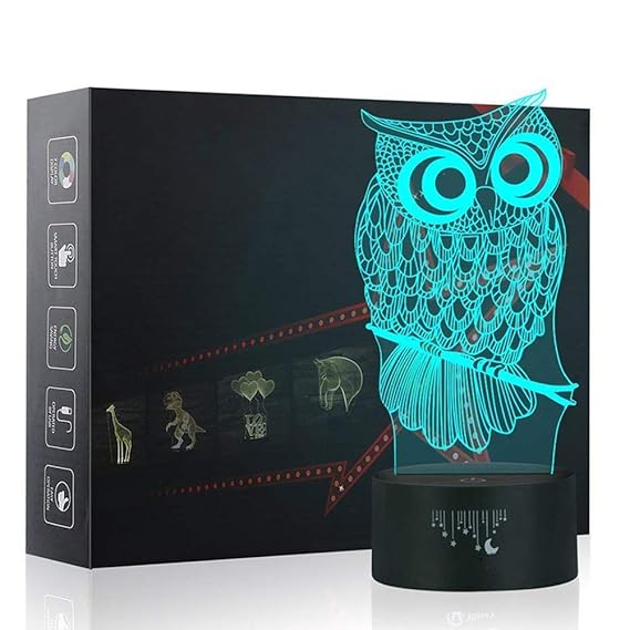 Eule 3D Lampe Optische LED Täuschung Nachtlicht,Yunplus 7 Farbwech mit Acryl Flat & ABS Base & USB-Ladegerät ändern Berühren 