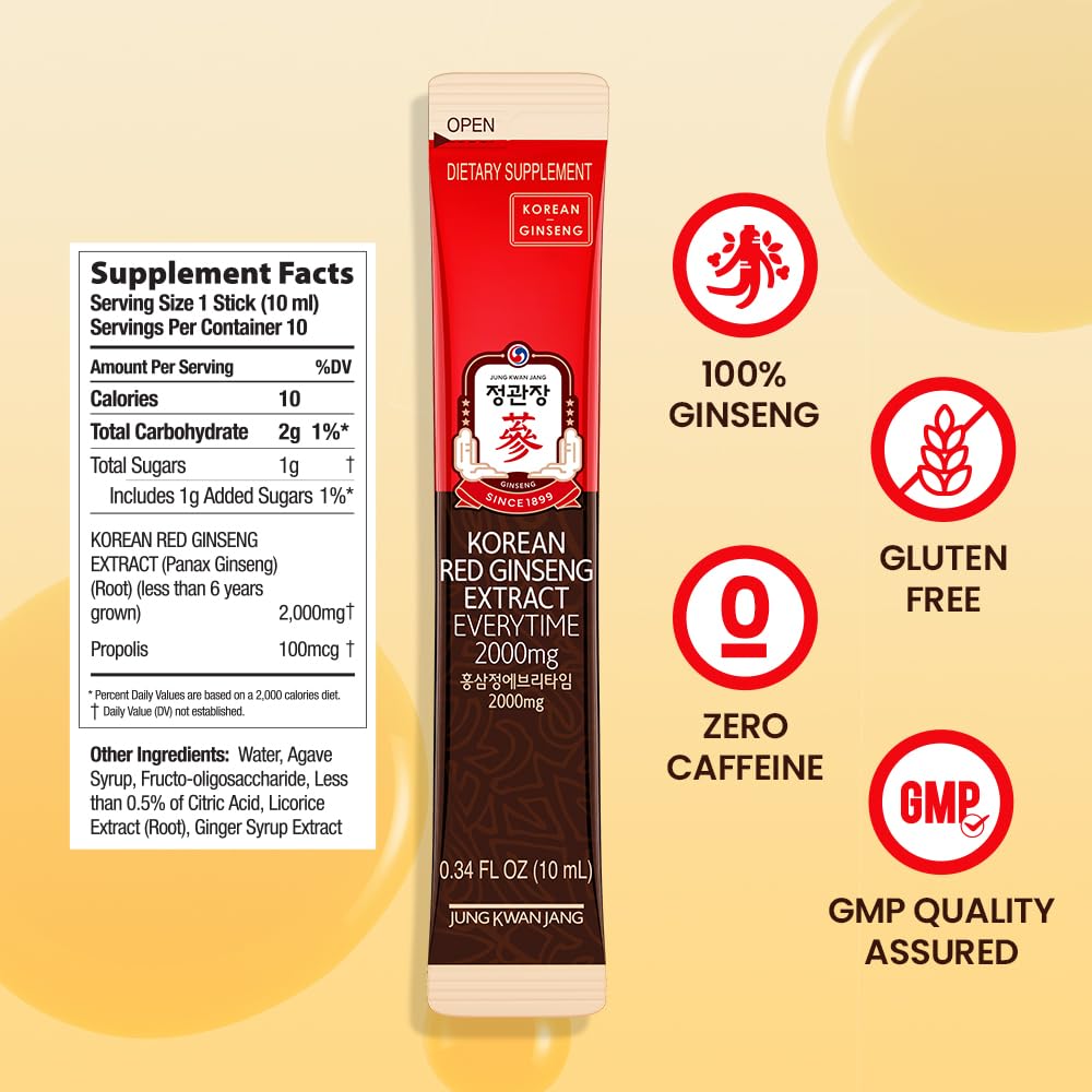 JUNG Kwan Jang Korean Red Ginseng Extract Everytime 2000mg | Panax Ginseng Supplement | Red Ginseng, Giseng Drink, Korean Food | Boost Energy, Immunity | 10 Count
