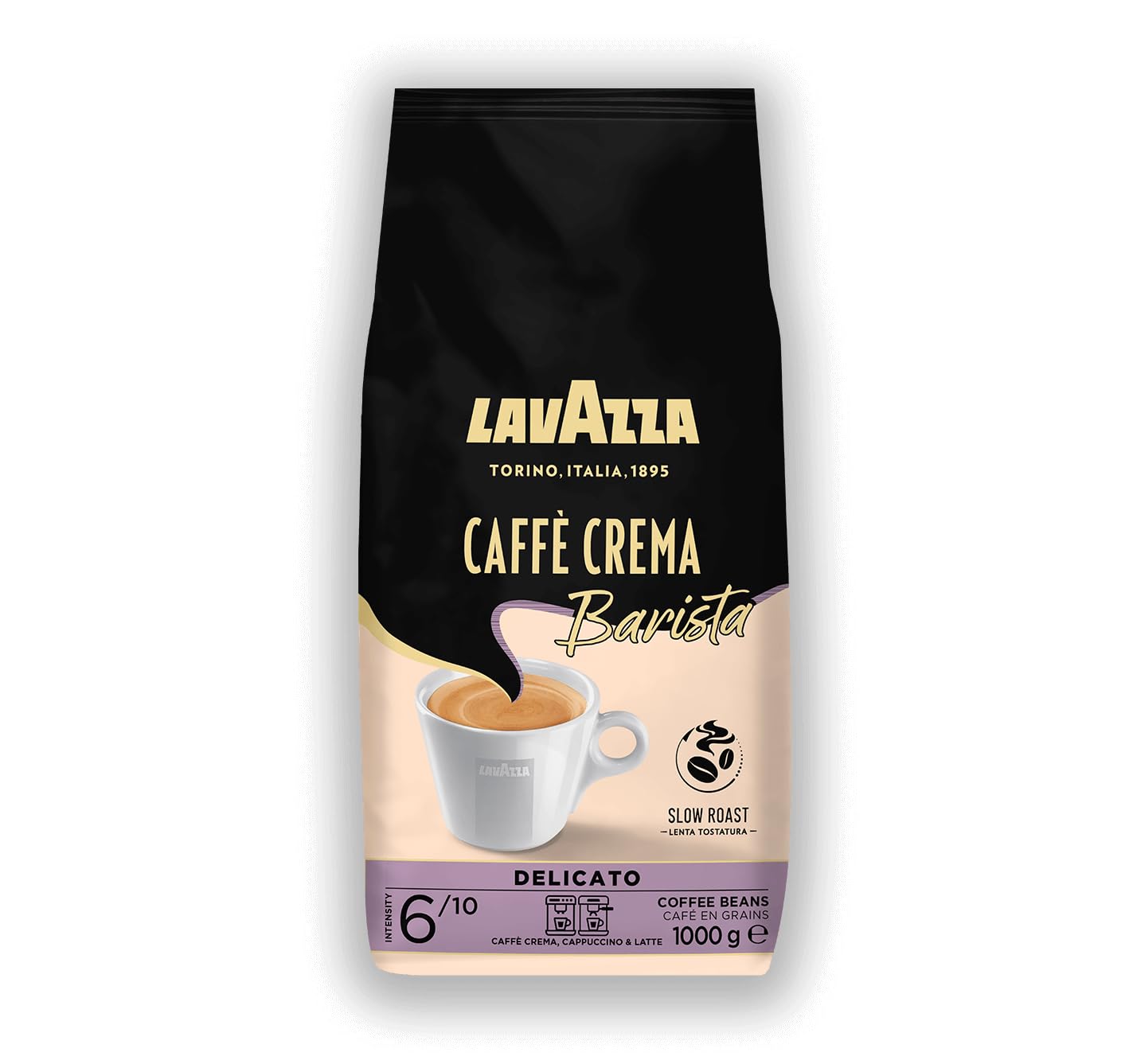 Lavazza, Caffè Crema Barista Delicato, Arabica & Robusta Kaffeebohnen, für Espressomaschinen, mit Schokolade- & Kakaoaromen, Ausgewogener Geschmack, Intensität 6/10, Mittlere Röstung, 1 kg Packung