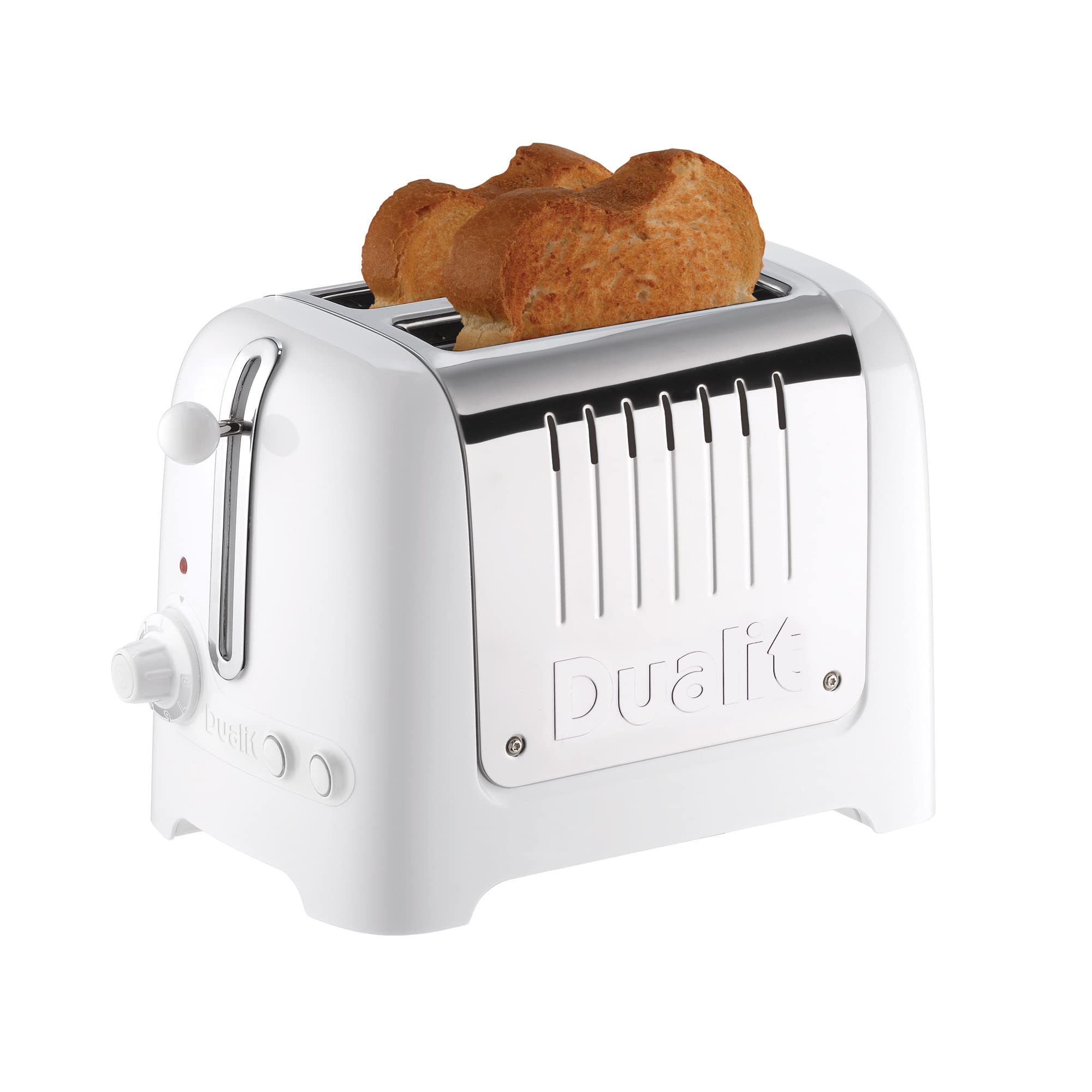 Dualit 2 Slice Lite Toaster, 1.1kW Toasts 60 Slices an Hour, Polished with High Gloss White Trim, Bagel & Defrost Settings, 36 mm Wide Slots, 26203