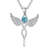TANGPOET Guardian Angel Necklace for Women 925 Sterling Silver Infinity Angel Wings Necklace with Heart Birthstone Pendant Jewelry Gifts for Birthday Christmas with 18"+2" Chain