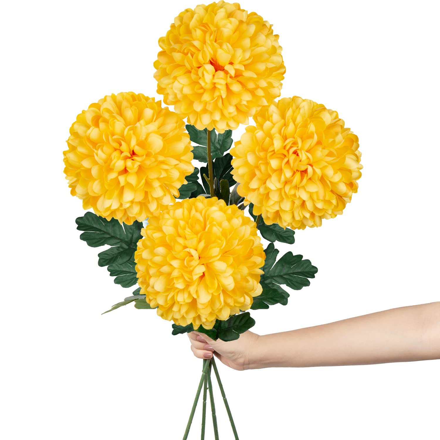 Hollyone 6'' Large Artificial Chrysanthemum Flowers with 25.6'' Long Stem, 4 pcs Yellow Fake Silk Flowers Faux Ball Flower for Home Decor, Bridal, Wedding, Party, Garden, Floral Arrangement