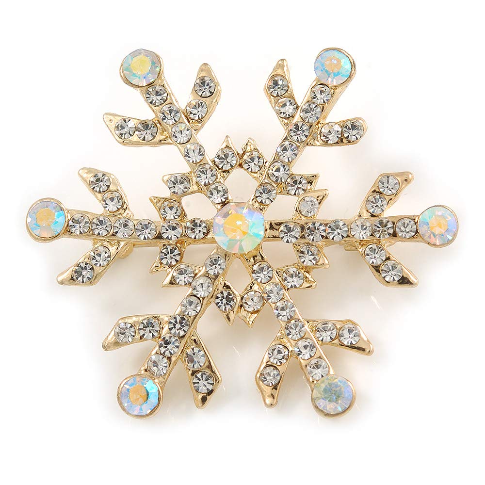 Clear/AB Crystal Christmas Snowflake Brooch In Gold Tone Metal - 45mm D