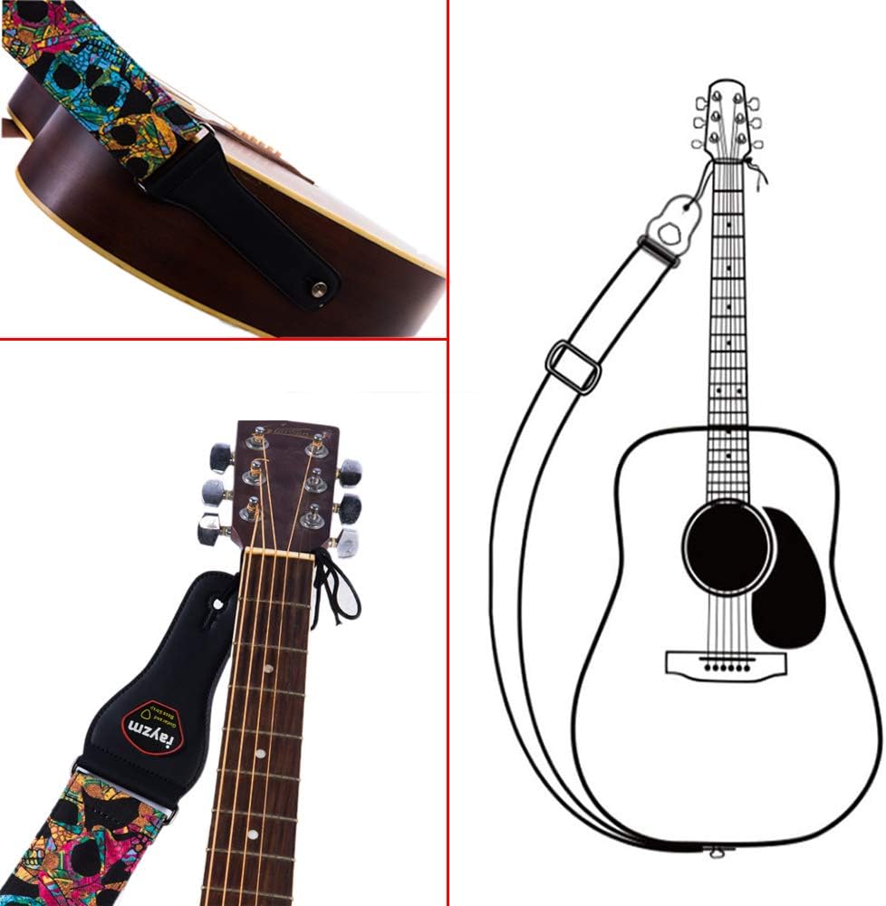 Rayzm Guitar Strap/Bass Strap, Cotton Belt for Acoustic/Electric/Bass Guitar with Pick Pocket & Cool Skull, Adjustable Length - Image 4