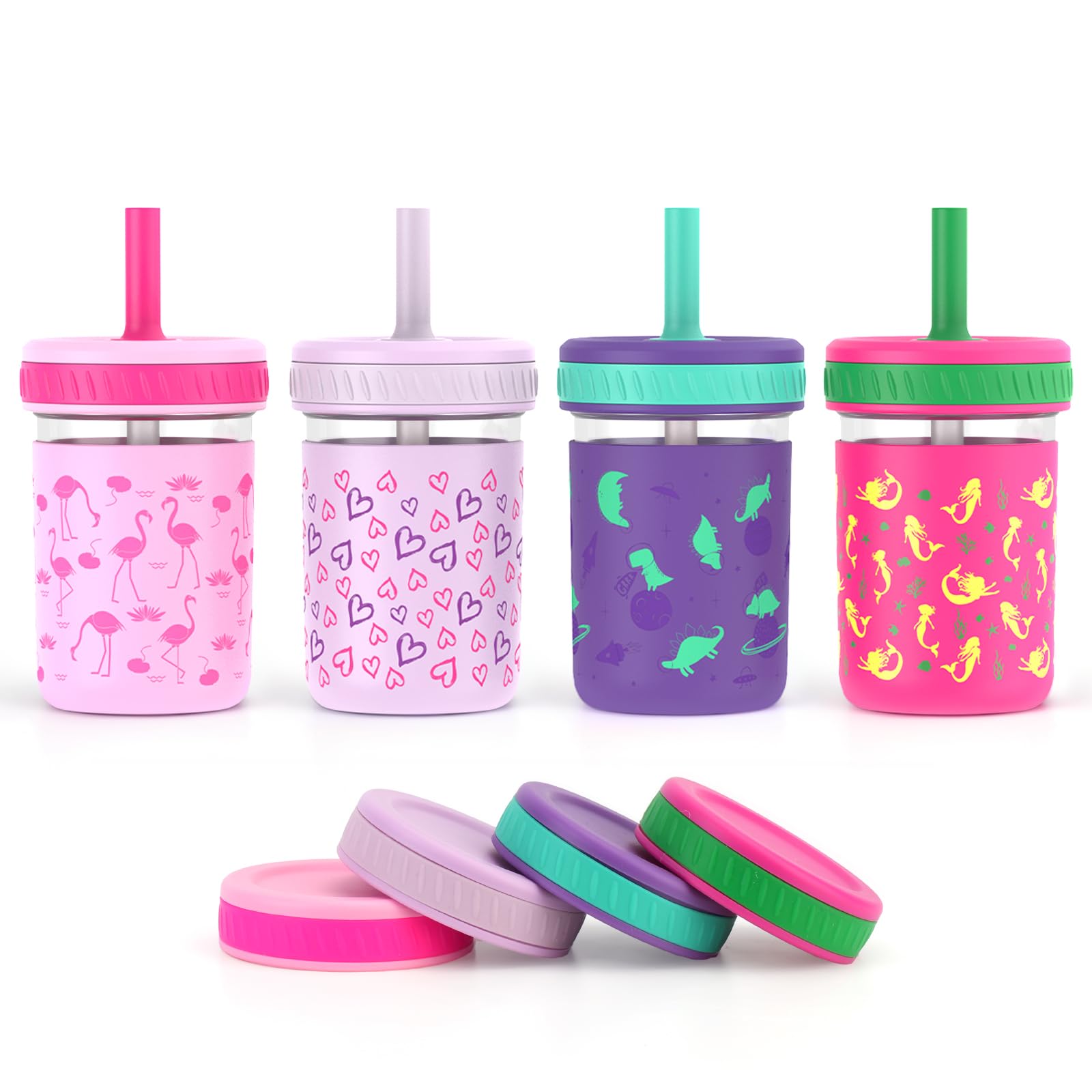 Photo 1 of Sursip Toddler Glass Cups with Straw, Spill-Proof Kids Mason Jar Food Storage with Lids, Sippy Cups for Drinks, Smoothies, Snacks, Milk Cup [4 Pack] 8 oz 2-in-1