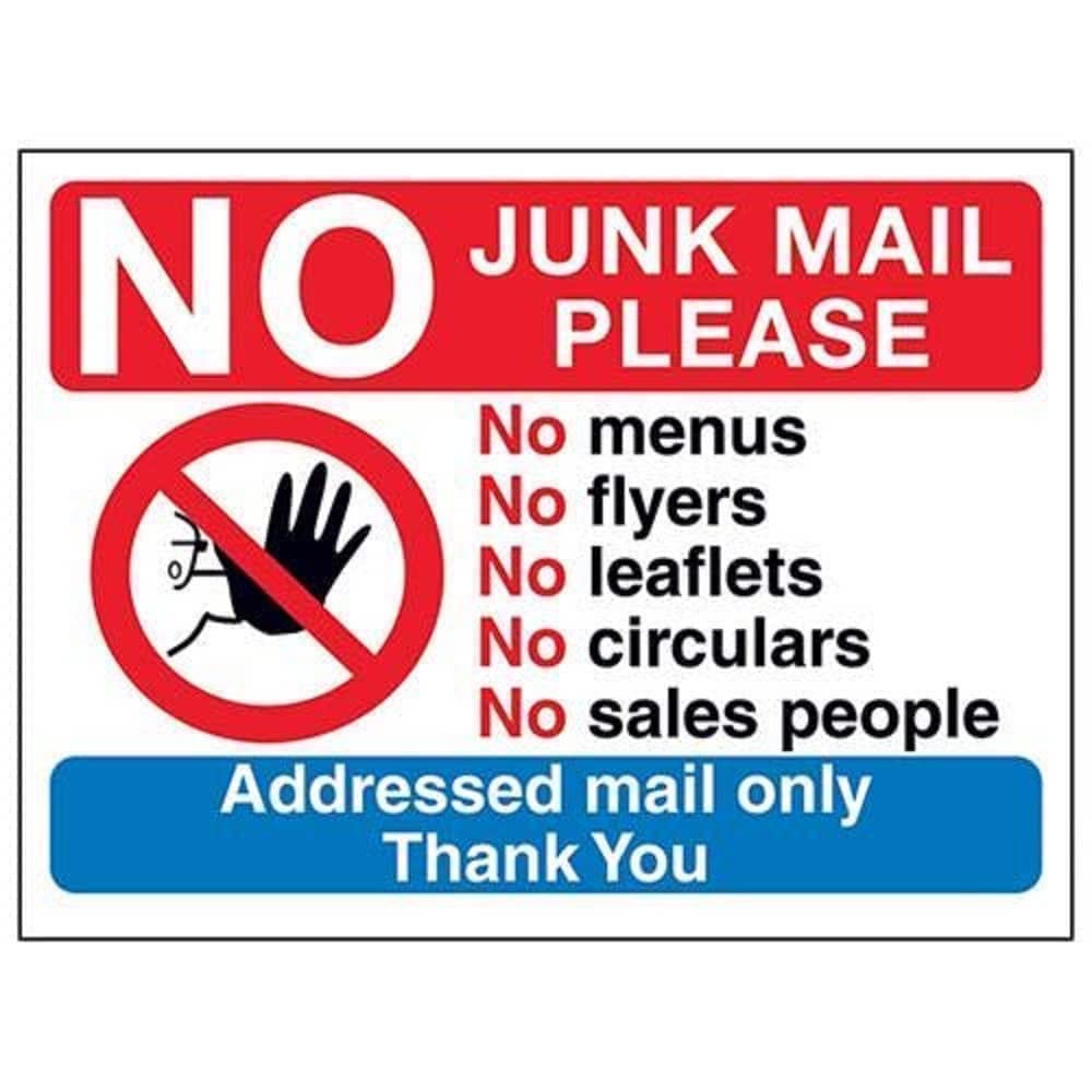 V Safety No Junk Mail Please, Addressed Mail Only Sign - 200mm x 150mm - Window Sticker