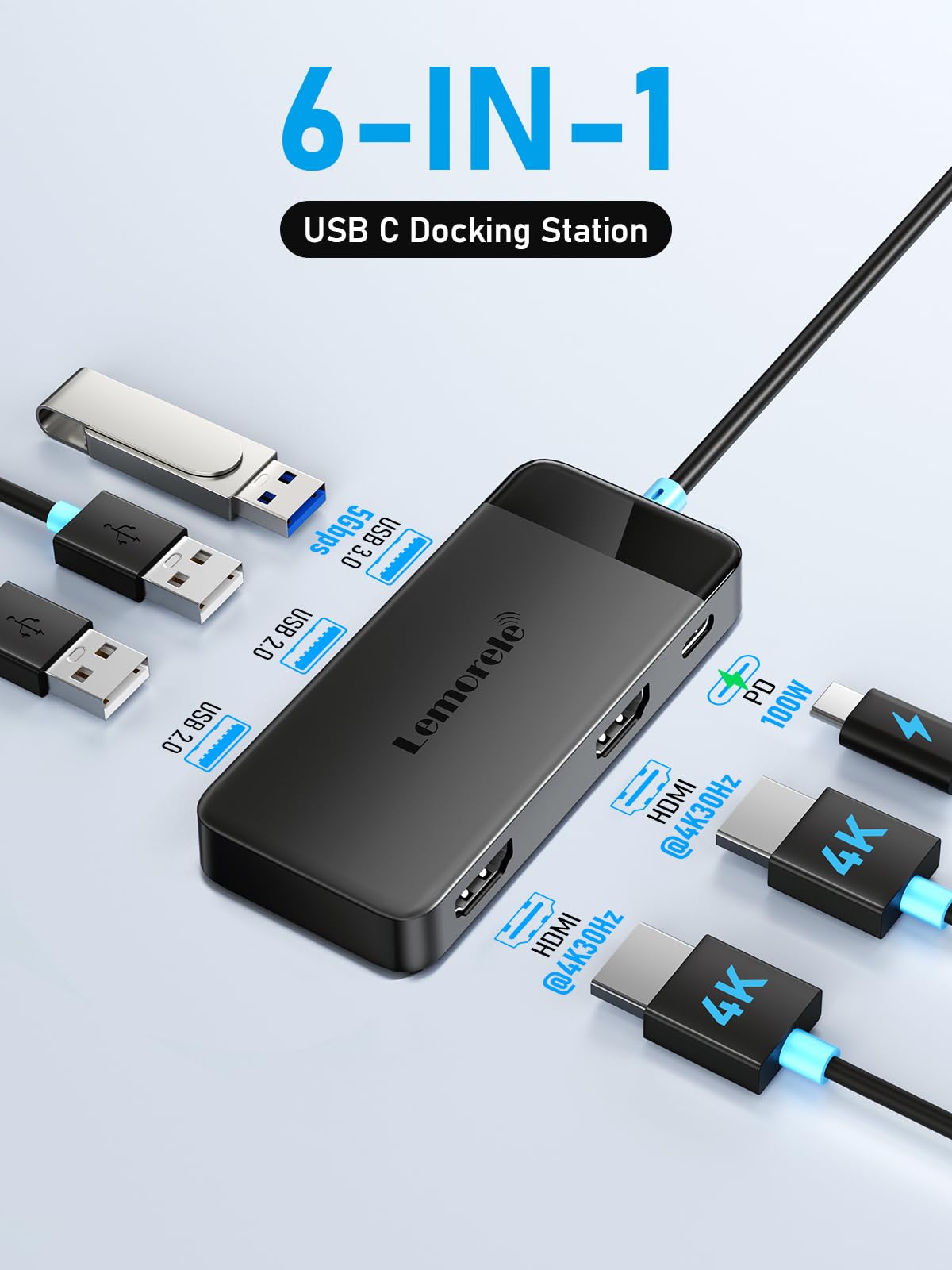 Docking Station USB C Hub Dual HDMI, 2026 Upgrade Lemorele USB C Dock 2*HDMI Adapter 4K, 3 USB 3.0/2.0, PD 100W für Windows, MacBook, Dell, HP, Surface 2