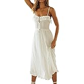 R.Vivimos Womens Summer Cotton Spaghetti Straps V-Neck Ruffle Casual Boho Midi Flowy Dress