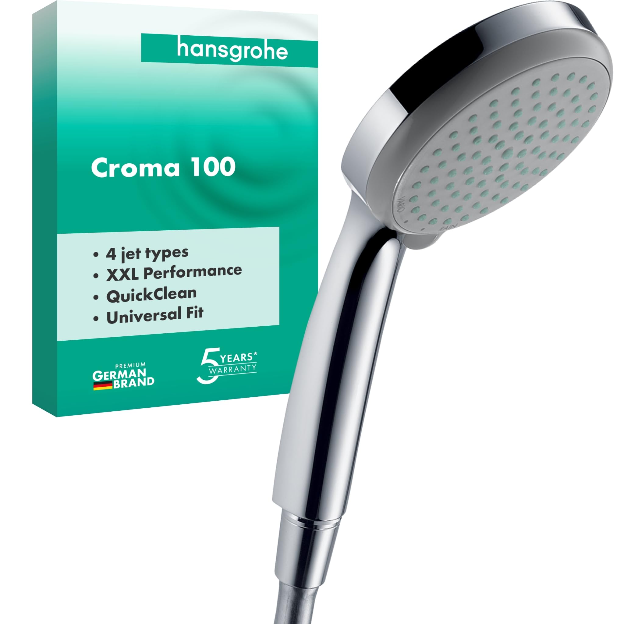 hansgrohe Croma 100 - shower head, hand shower round (โ 100 mm) with 4 sprays, with anti-limescale function, chrome, 28535000