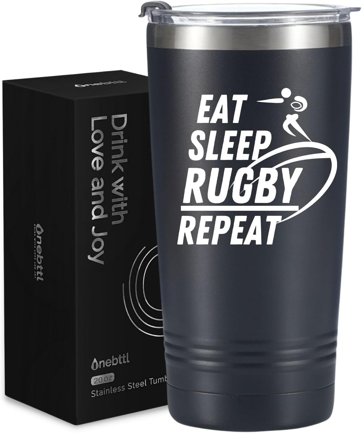 Onebttl Rugby Gifts, Rugby Coach Gifts for Men, 20 oz Travel Tumbler with Lid and Straw, Gift Box and Card Included, Eat Sleep Rugby Repeat