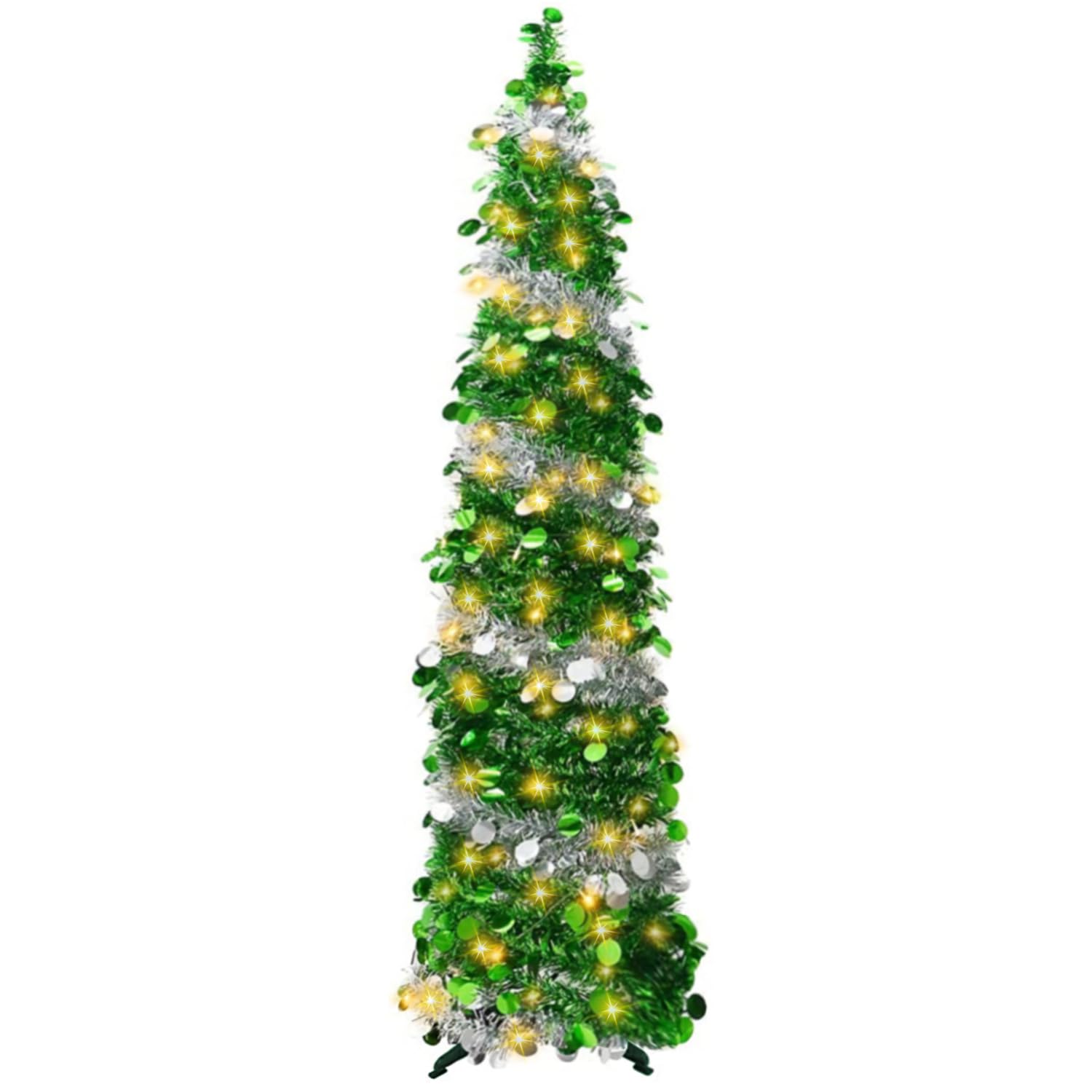 Collapsible Artificial Christmas Tree, 5ft/ 1.5m Pop up Christmas Tinsel Tree with 100LED Lights, Large Sequins Artificial Tree for Xmas Holiday Party Carnival Decorations