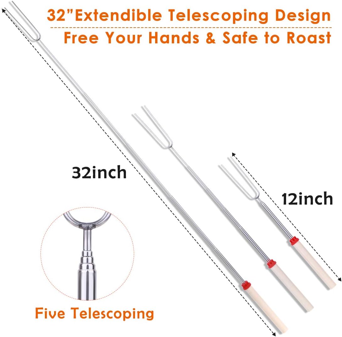 Marshmallow Roasting Sticks, Smores Sticks for Fire Pit with Wooden Handle, Stainless Steel Telescoping Roasting Sticks, 32 Inch Extendable BBQ Forks for Fire Pit, Campfire and Sausage BBQ Set of 8 : Garden & Outdoor
