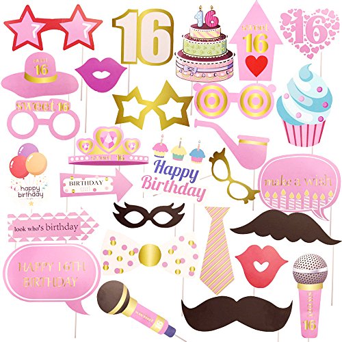 GOER 16th Birthday Party Supplies,30 Pcs Photo Booth Props for Sweet 16 Party Decorations