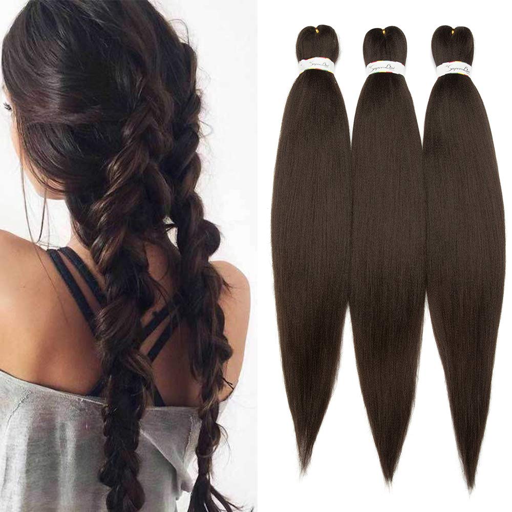 3 Packs EZ Pre-stretched Braiding Hair Easy Braid Professional Itch Free Synthetic Fiber 26" Corchet Braids Yaki Texture Hot Water Setting, Medium Brown