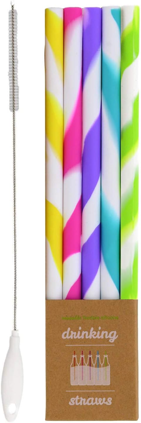 Just Bright Reusable Drinking Straws, 5 Tie-Dye Straws With Cleaning Brush - Flexible Silicone Straws For Drinks - Fits 20oz & 30oz Tumblers, Bottles, Glasses - Reusable Straws Reduce Plastic Waste