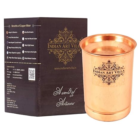 Indian Art Villa Pure Copper Glass with Lid, Plain Design Tumbler Cup for Water Storage, 300 ML