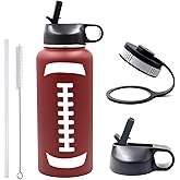 32 oz Football Water Bottle with Straw, Wide Mouth Sports Flask Metal Travel Tumbler with 2 Lids, Stainless Steel Double Wall Vacuum Insulated Thermo Water Bottles, Football Gear Gifts for Boys Girls