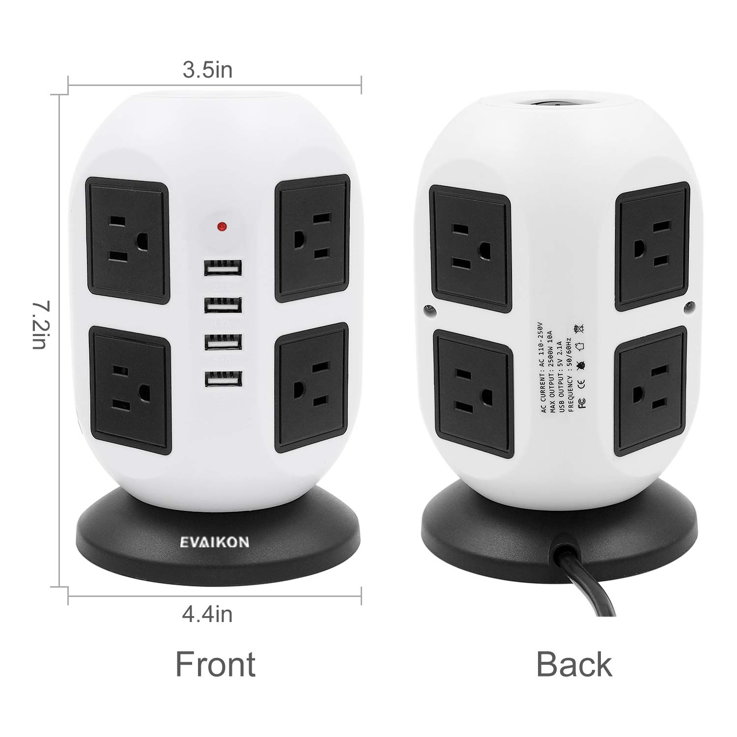 Power Strip Tower - EVAIKON Extension Cord with 8 Outlet 4 USB Ports 3000W/13A Surge Protector Electric Charging Station +6.5FT Wire Universal Socket for Home Office