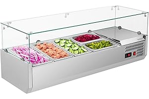 ROVSUN 47" Refrigerated Condiment Prep Station Sandwich Prep Table ETL NSF, 25.1QT Salad Bar Prep Rail w/Auto Defrost Temp Control Glass Shield 3 1/3 Pan & 2 1/4 Pan for Restaurant Food Truck