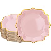 Growswally 50 Pieces Light Pink Paper Plates with Gold Foil 7 Inch Pink Scalloped Plates Disposable Dinner Plates for Birthday Weddings Baby Shower