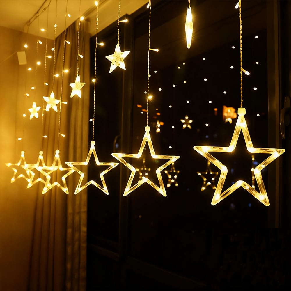 shsyue Christmas Star Window Lights,LED Curtain Light 2.5M Christmas Decorations Lights 138 LED 12 Star,Fairy Light for Xmas Tree,Party,Wedding,Garden,Bedroom,Warm White 8 Modes USB