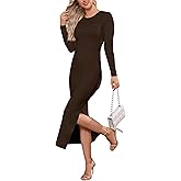 Bamulu Women's Bodycon Maxi Dress Winter Fall Long Sleeve Side Slit Dresses Knit Fitted Tight Basic Party Club Cocktail