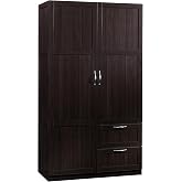 Sauder Select Multipurpose Bedroom Armoire Wardrobe Closet Pantry Storage Cabinet with Storage Drawers and Hanging Rail, in Cinnamon Cherry