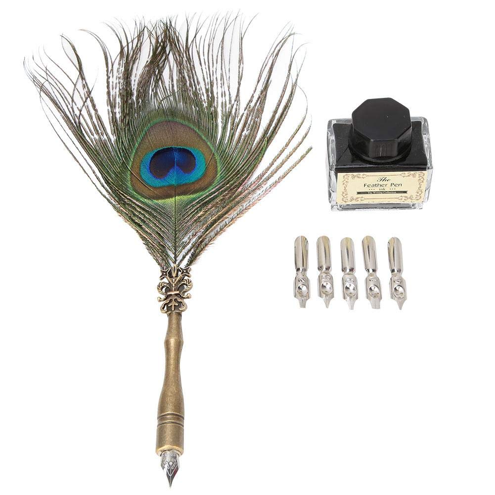 Vikye Peacock Feather Dip Pen with Writing Ink Retro Calligraphy Pen Hand Dipped Ink Nib with 5 Points for Gift or Use