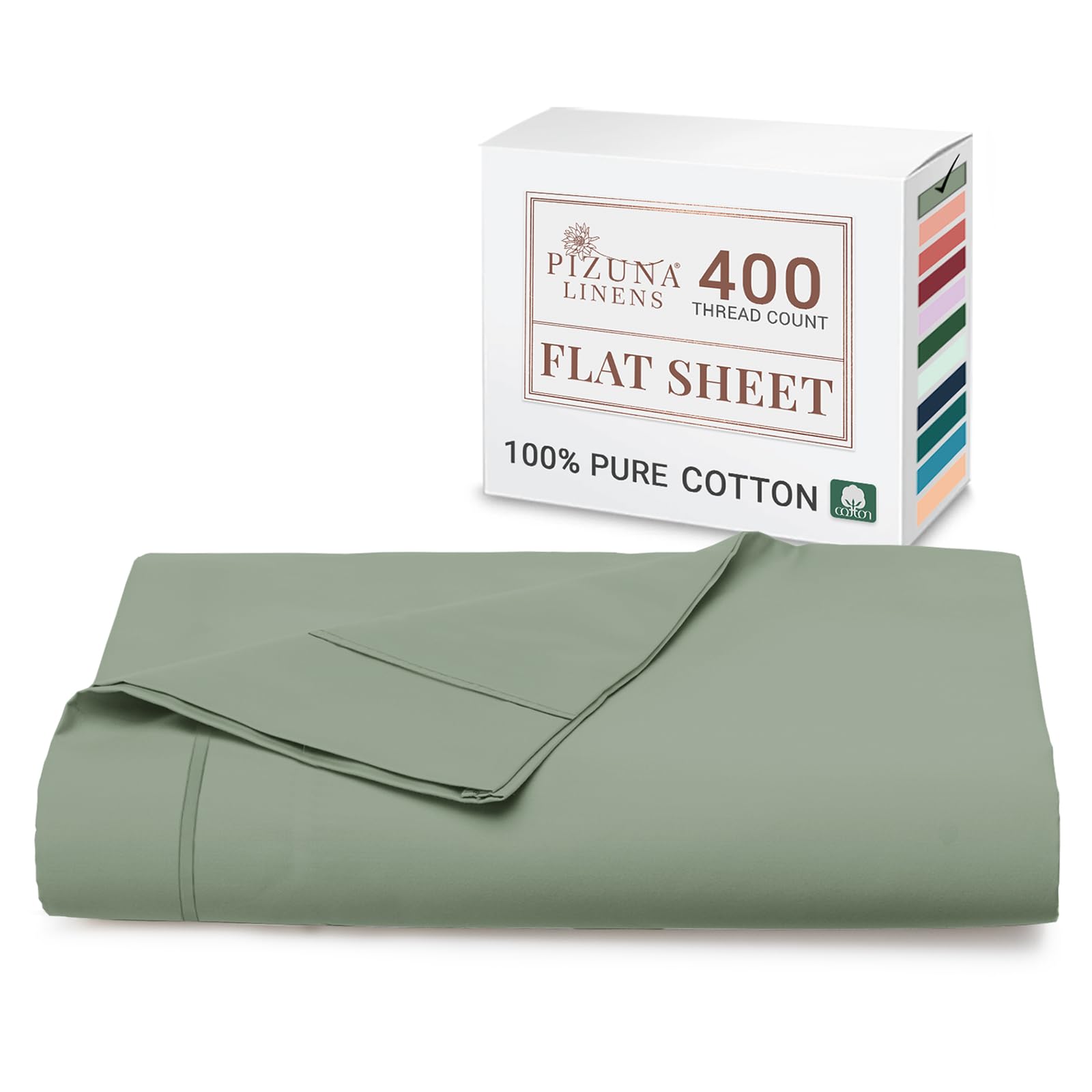 Pizuna 100% Cotton King Size Flat Sheet Seafoam Sage, 400 Thread Count Long Staple Cotton Flat Sheet King Size 275x280 cm, Soft Sateen Weave Top Sheet King Size