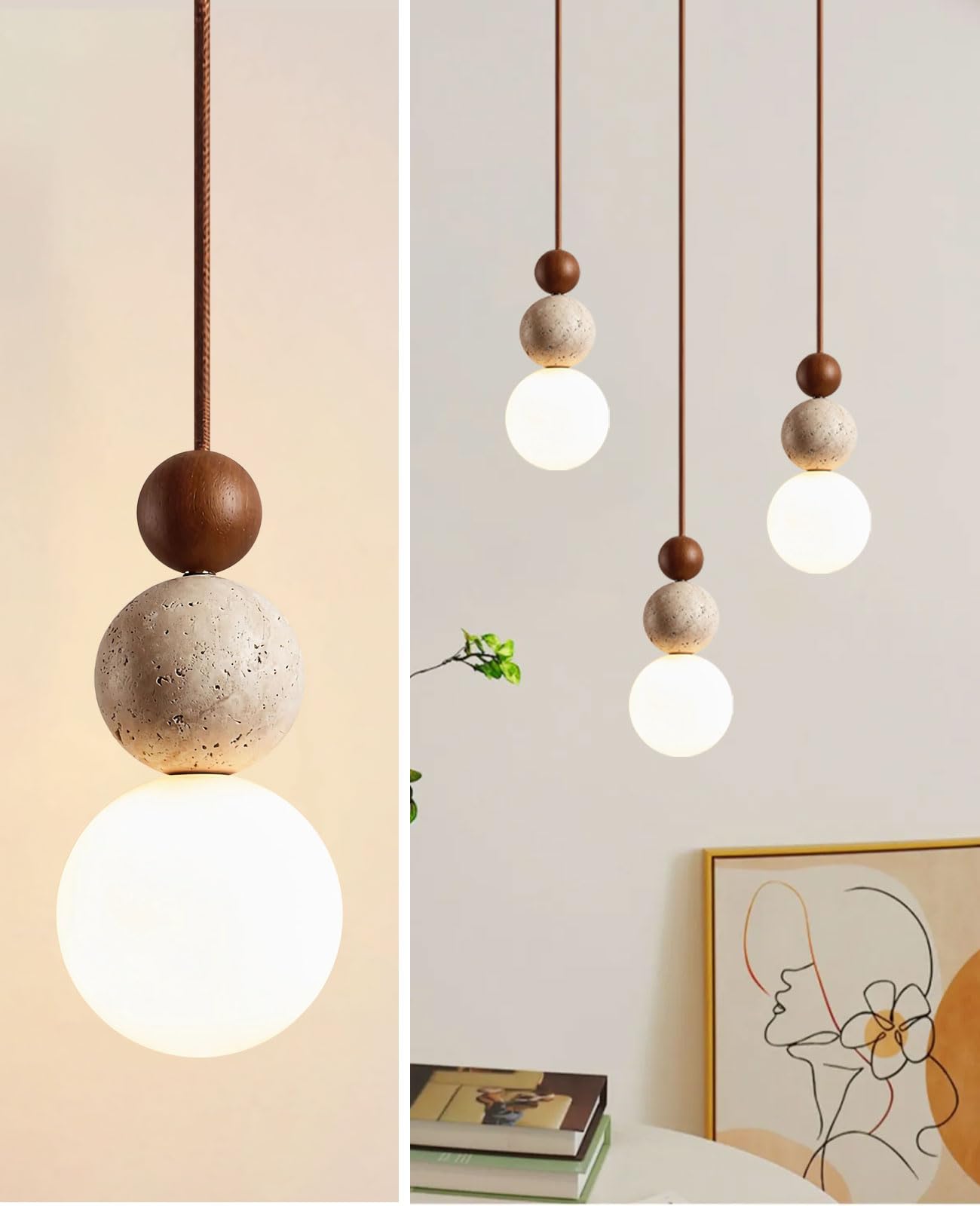 Photo 1 of OROILUPU Natural Yellow Travertine Pendant Light, 10.6" H Modern Wabi Sabi Pendant Light Fixture with 3 Different Material Spheres, Retro Japanese Pendant Lights for Bedside Bedroom Kitchen Island